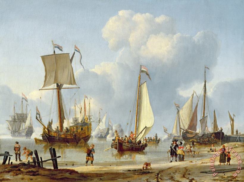 Abraham Storck Ships in Calm Water with Figures by the Shore Art Painting
