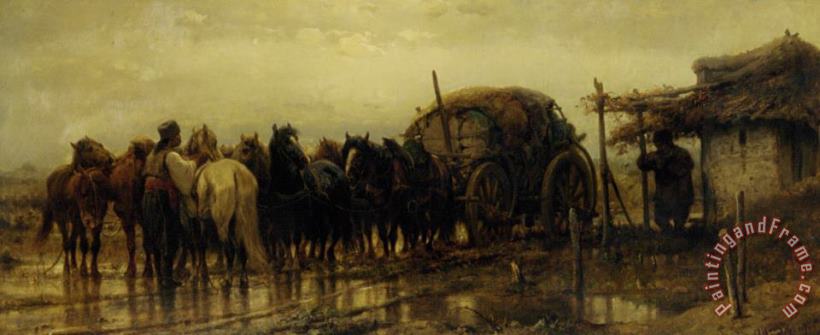 Hitching Horses painting - Adolf Schreyer Hitching Horses Art Print