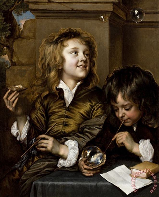 Two Boys Blowing Bubbles painting - Adriaen Hanneman Two Boys Blowing Bubbles Art Print