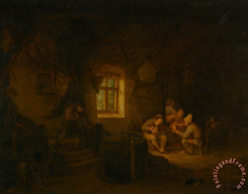 A Tavern Interior with Peasants Drinking Beneath a Window painting - Adriaen Van Ostade A Tavern Interior with Peasants Drinking Beneath a Window Art Print