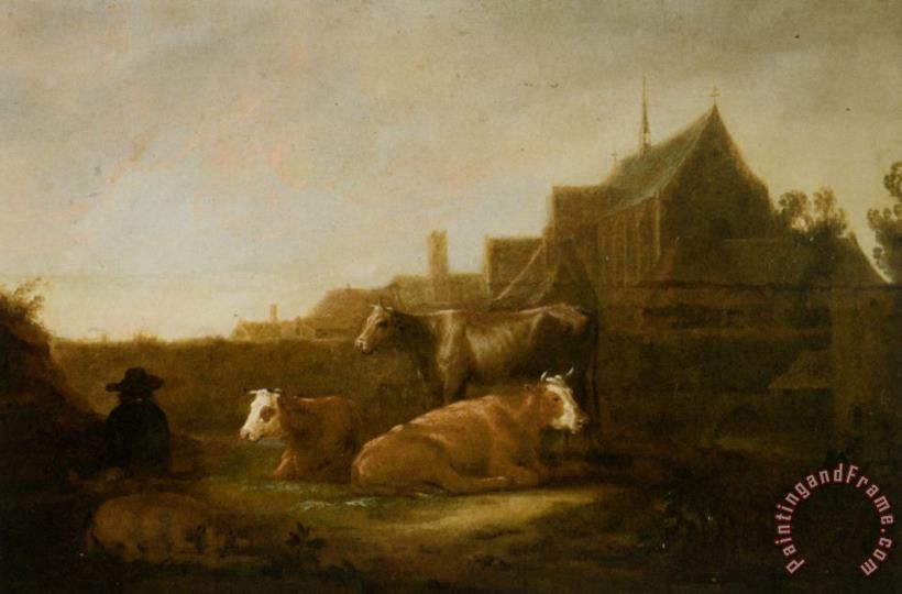 Aelbert Cuyp A Herdsman And Town with Duitsche Huis And Mariakerk Utrecht Beyond Art Print