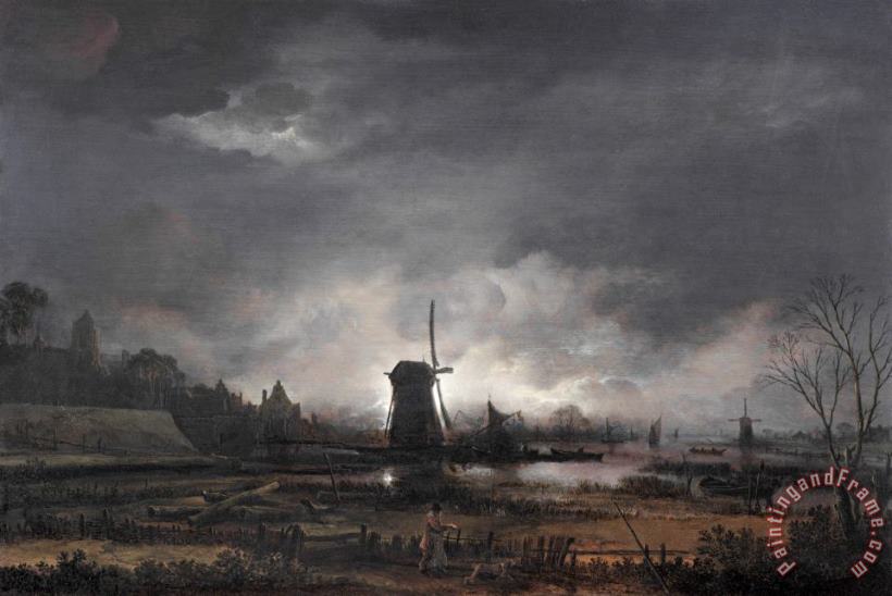 Moonlit Landscape with a Windmill, Early to Mid 1650's painting - Aert van der Neer Moonlit Landscape with a Windmill, Early to Mid 1650's Art Print