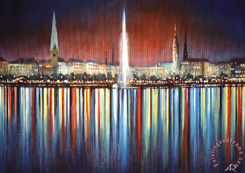 Hamburg Alster fountain and Town Hall painting - Agris Rautins Hamburg Alster fountain and Town Hall Art Print