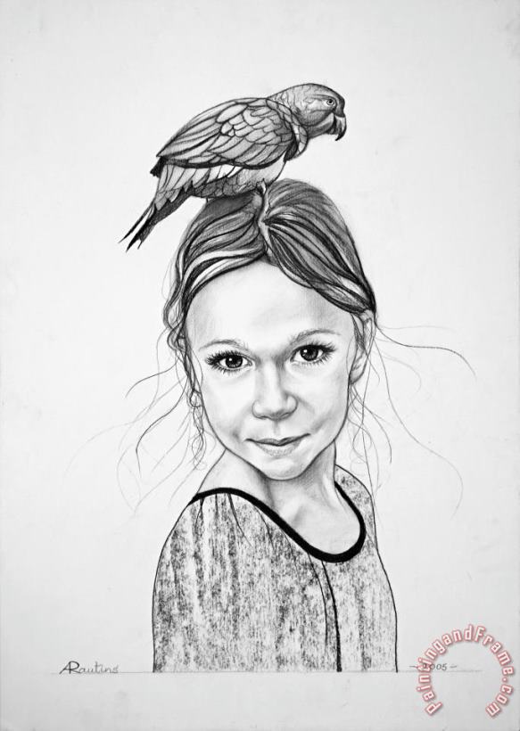 Portrait of a girl with parrot painting - Agris Rautins Portrait of a girl with parrot Art Print