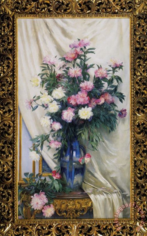 Albert Aublet Peonies in a Blue Vase on a Draped Regency Giltwood Console Table Art Painting