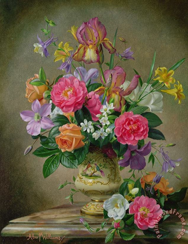 Albert Williams Peonies And Irises In A Ceramic Vase Art Print