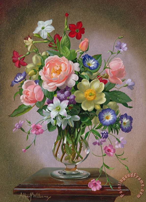 Albert Williams Roses Peonies And Freesias In A Glass Vase Art Print