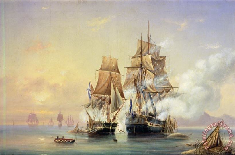 The Russian Cutter Mercury captures the Swedish frigate Venus on 21st May 1789 painting - Aleksei Petrovich Bogolyubov The Russian Cutter Mercury captures the Swedish frigate Venus on 21st May 1789 Art Print