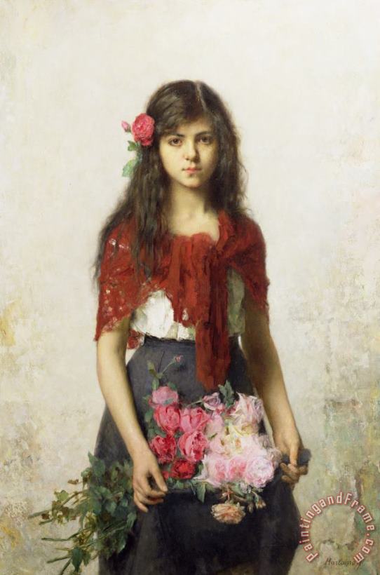 Young girl with blossoms painting - Alexei Alexevich Harlamoff Young girl with blossoms Art Print