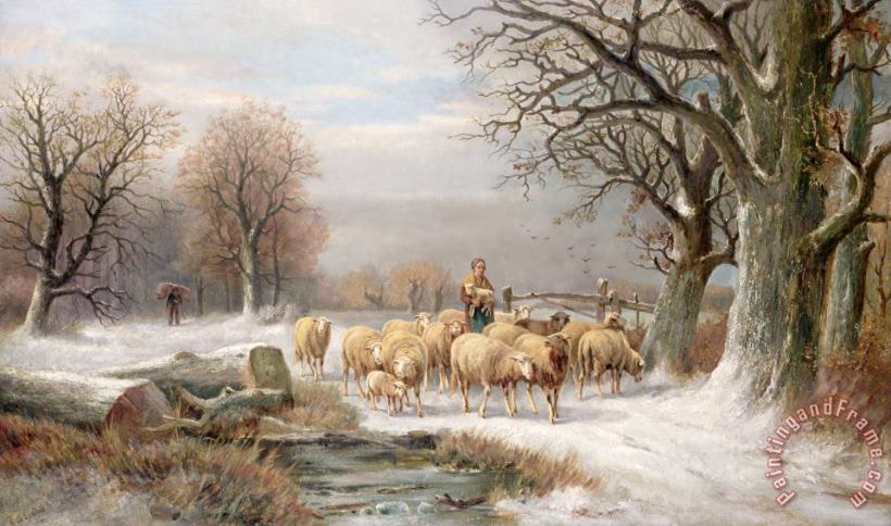 Alexis de Leeuw Shepherdess with her Flock in a Winter Landscape Art Print