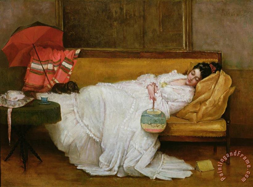  Girl in a white dress resting on a sofa painting - Alfred Emile Stevens  Girl in a white dress resting on a sofa Art Print