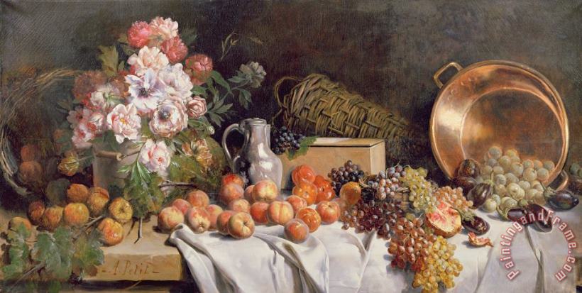 Alfred Petit  Still life with flowers and fruit on a table Art Print