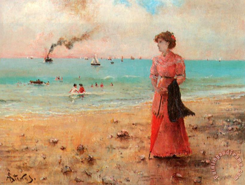 Alfred Stevens Jeune Femme a L'ombrelle Rouge Au Bord De La Mer Art Print