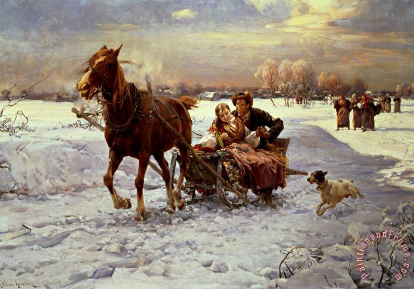 Lovers in a sleigh painting - Alfred von Wierusz Kowalski Lovers in a sleigh Art Print