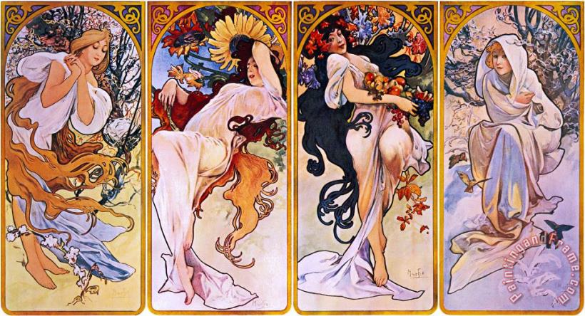 Alphonse Marie Mucha Cropped Print of Four Panels Each Depicting One of The Four Seasons Personified by a Woman Art Print