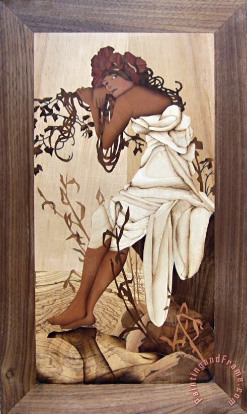 Alphonse Marie Mucha Intarsia with Motive Art Painting