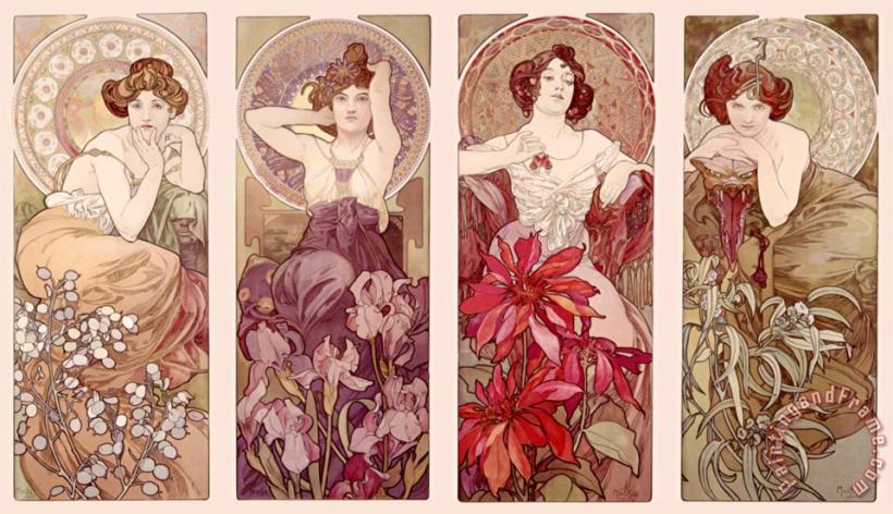 Precious Stones And Flowers painting - Alphonse Marie Mucha Precious Stones And Flowers Art Print