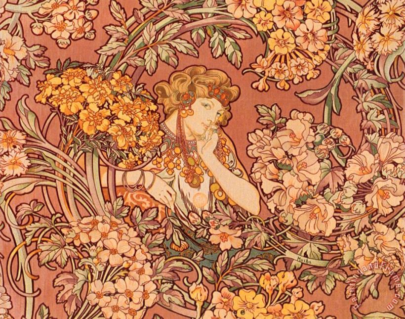 Redhead Among Flowers painting - Alphonse Marie Mucha Redhead Among Flowers Art Print