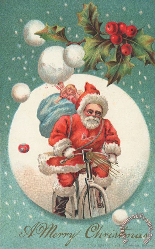 American Christmas Card With A Cycling Father Christmas With His Sack Of Gifts painting - American School American Christmas Card With A Cycling Father Christmas With His Sack Of Gifts Art Print