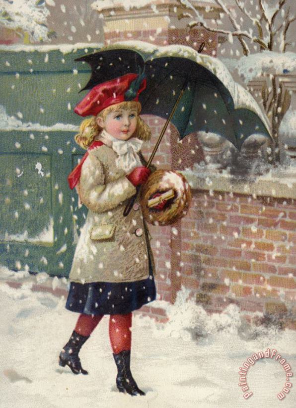 Girl With Umbrella In A Snow Shower painting - American School Girl With Umbrella In A Snow Shower Art Print