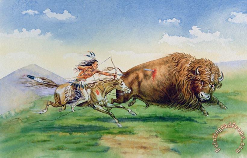 American School Sioux Hunting Buffalo on Decorated Pony Art Painting