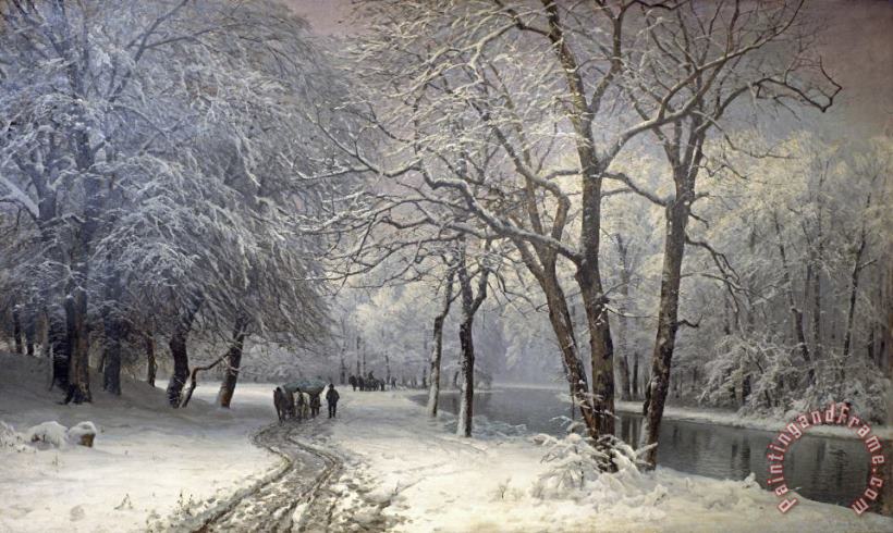 Anders Andersen-Lundby A Winter Landscape with Horses And Carts by a River Art Print