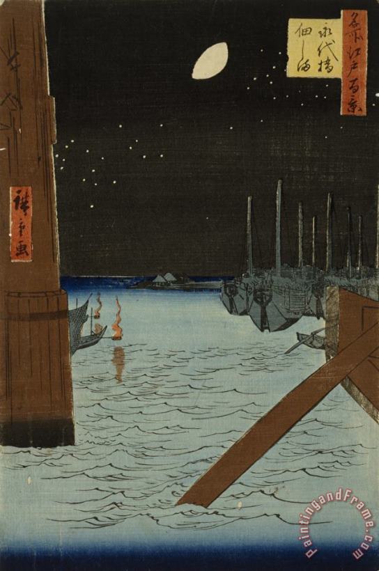 Ando Hiroshige Moon Over Ships Moored at Tsukuda Island From Eitai Bridge From One Hundred Views of Famous Places in Edo Art Print