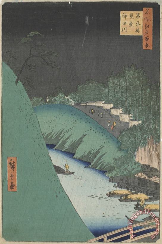 Rain in The Seido Hall And Shohei Bridge Over The Kanda River From The Series One Hundred Views of Famous Places in Edo painting - Ando Hiroshige Rain in The Seido Hall And Shohei Bridge Over The Kanda River From The Series One Hundred Views of Famous Places in Edo Art Print