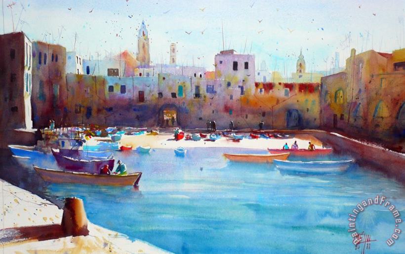 Andre Mehu Fishingboats in the harbor of Monopoli Art Painting
