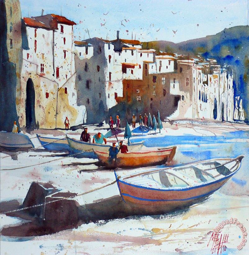 On the beach of Cefalu painting - Andre Mehu On the beach of Cefalu Art Print