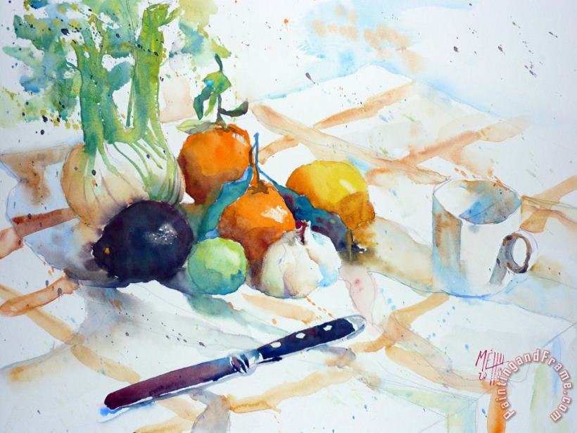 Still life with fennel and clementines painting - Andre Mehu Still life with fennel and clementines Art Print