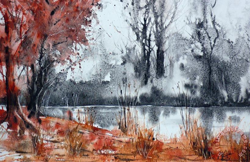 Trees on the pond side painting - Andre Mehu Trees on the pond side Art Print
