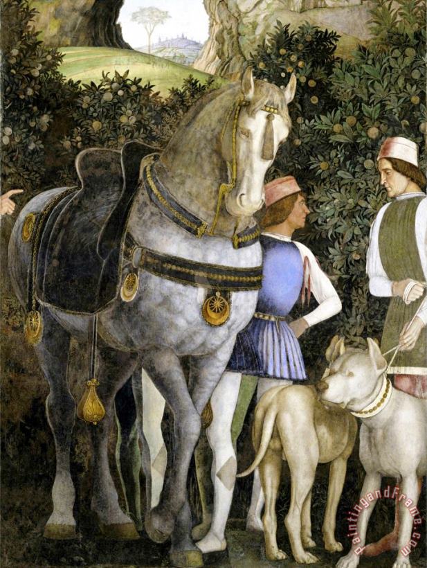 la camera degli sposi: grooms with horse and two dogs painting - Andrea Mantegna la camera degli sposi: grooms with horse and two dogs Art Print