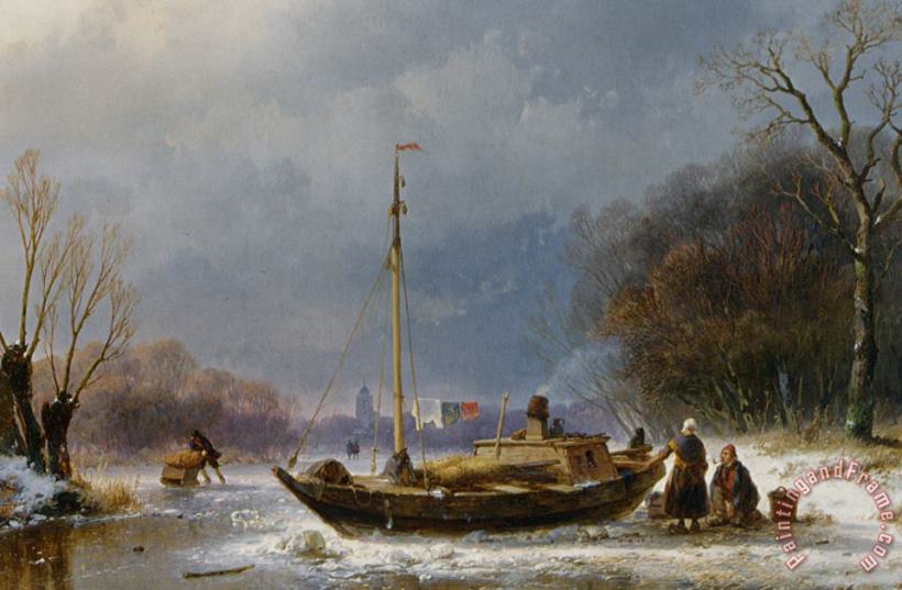 A Wintry Scene with Figures Near a Boat on The Ice painting - Andreas Schelfhout A Wintry Scene with Figures Near a Boat on The Ice Art Print
