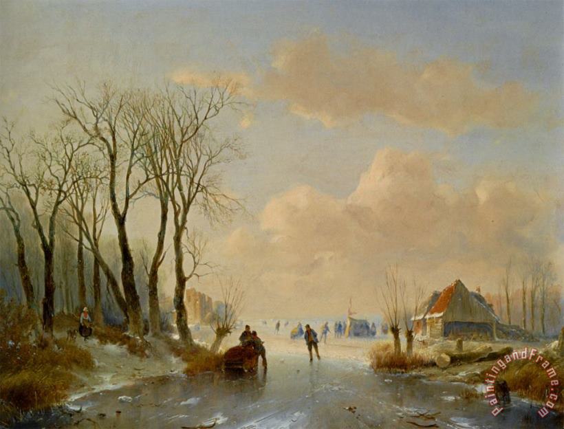Skaters on The Ice with a Koek En Zopie in The Distance painting - Andreas Schelfhout Skaters on The Ice with a Koek En Zopie in The Distance Art Print