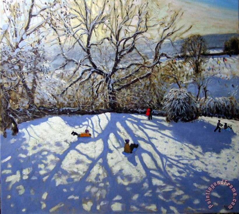 Large tree and tobogganers painting - Andrew Macara Large tree and tobogganers Art Print