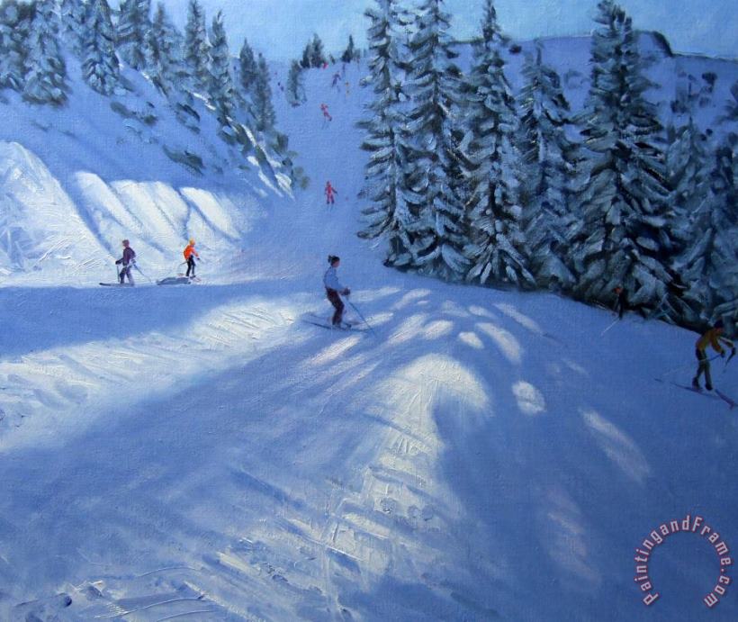 Morzine ski run painting - Andrew Macara Morzine ski run Art Print