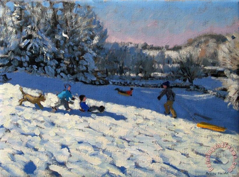 Sledging Near Youlgreave painting - Andrew Macara Sledging Near Youlgreave Art Print