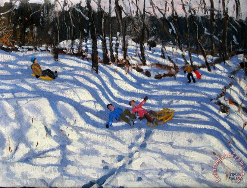 Two boys falling off a sledge painting - Andrew Macara Two boys falling off a sledge Art Print