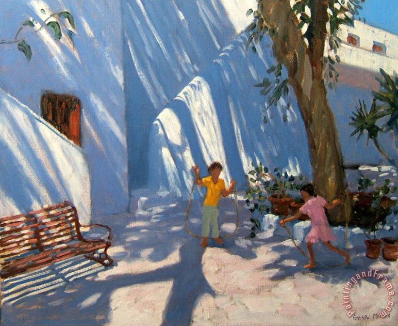 Two Girls Skipping Mykonos painting - Andrew Macara Two Girls Skipping Mykonos Art Print