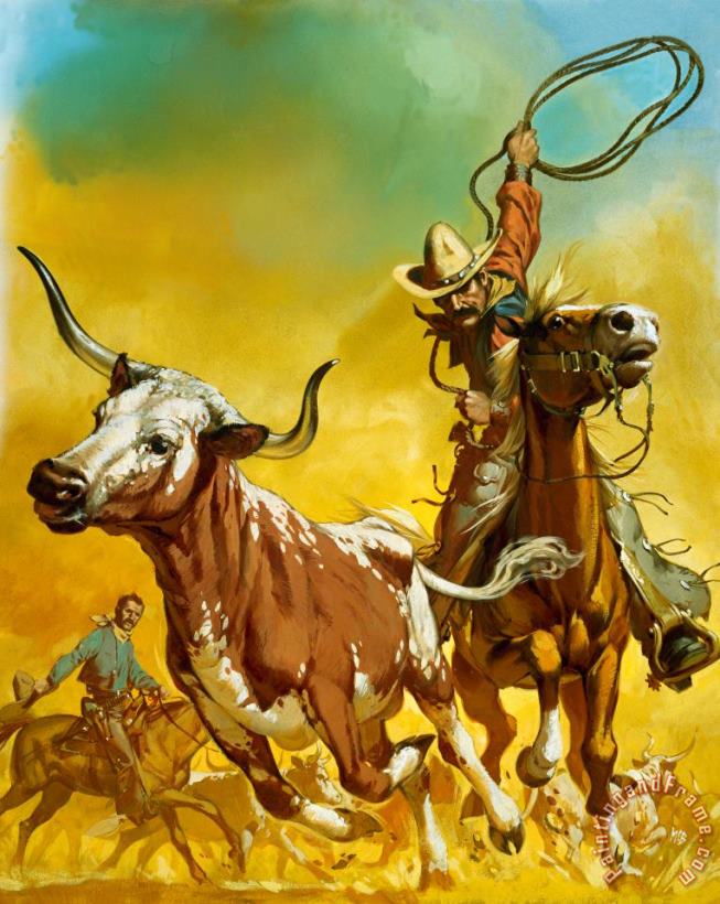 Cowboy lassoing cattle painting - Angus McBride Cowboy lassoing cattle Art Print