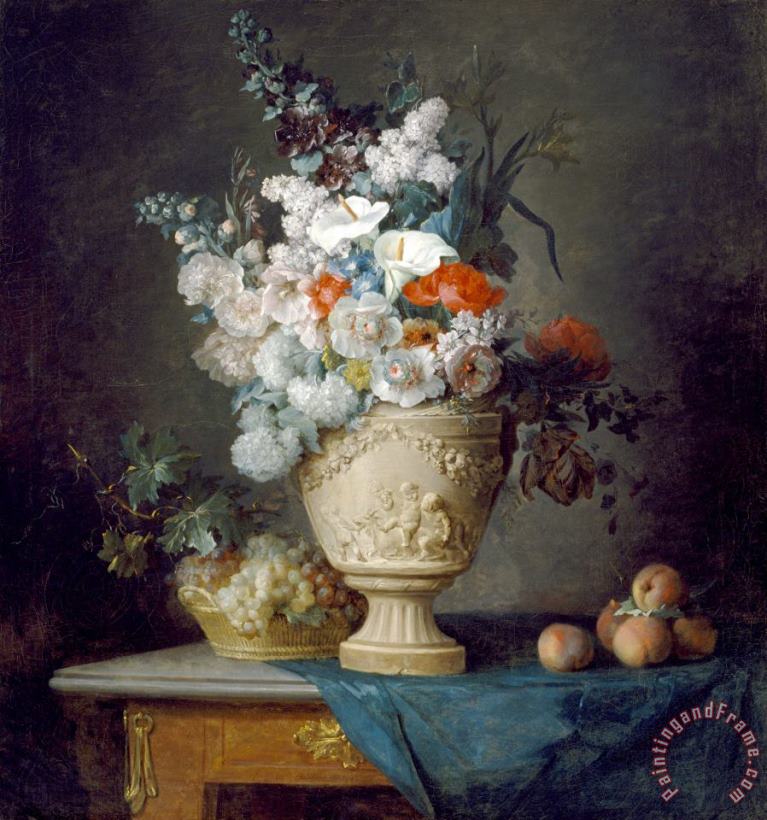Bouquet of Flowers in a Terracotta Vase, with Peaches And Grapes painting - Anne Vallayer-Coster Bouquet of Flowers in a Terracotta Vase, with Peaches And Grapes Art Print