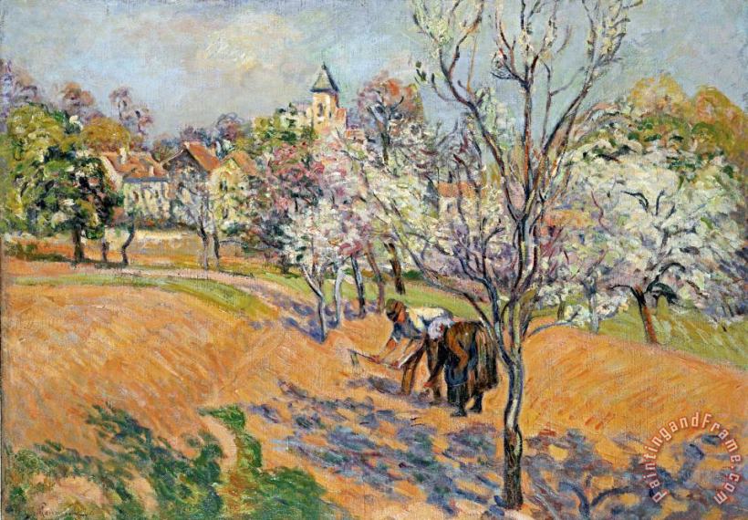 Two Peasants Sowing Haricots in an Orchard in Blossom painting - Armand Guillaumin Two Peasants Sowing Haricots in an Orchard in Blossom Art Print