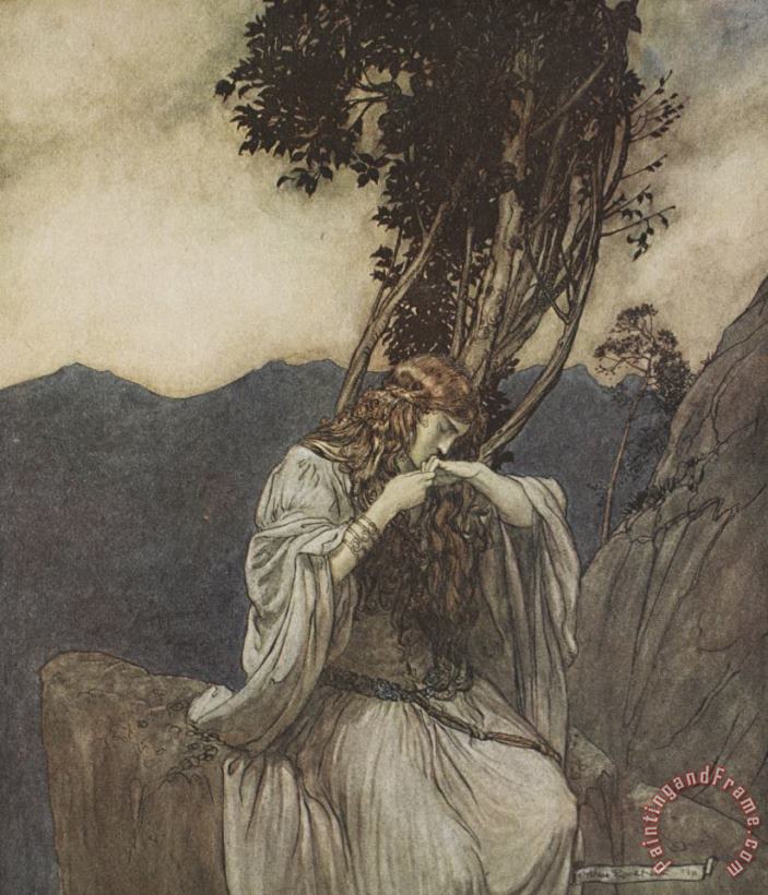 Arthur Rackham Brunnhilde Kisses The Ring That Siegfried Has Left With Her Art Print