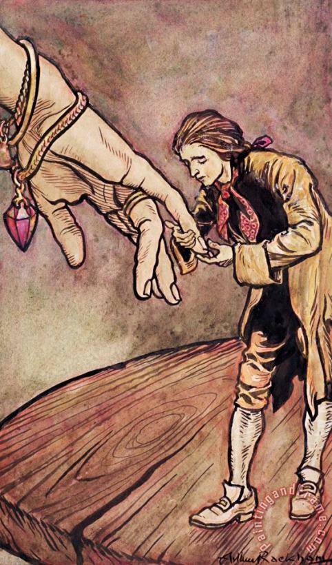 Gulliver in Brobdingnag Kissing the Hand of the Queen painting - Arthur Rackham Gulliver in Brobdingnag Kissing the Hand of the Queen Art Print