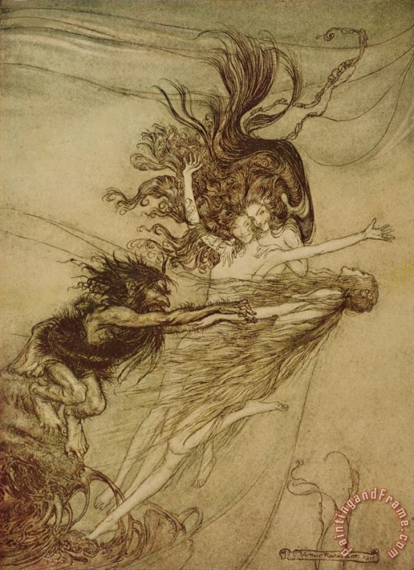 The Rhinemaidens teasing Alberich painting - Arthur Rackham The Rhinemaidens teasing Alberich Art Print