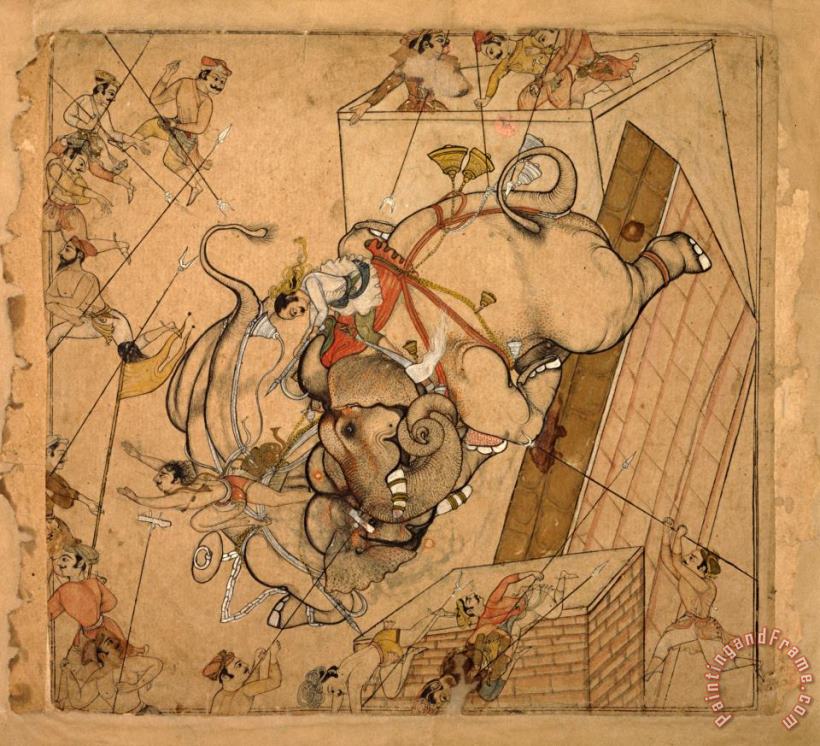 An Elephant Combat painting - Artist, maker unknown, India An Elephant Combat Art Print