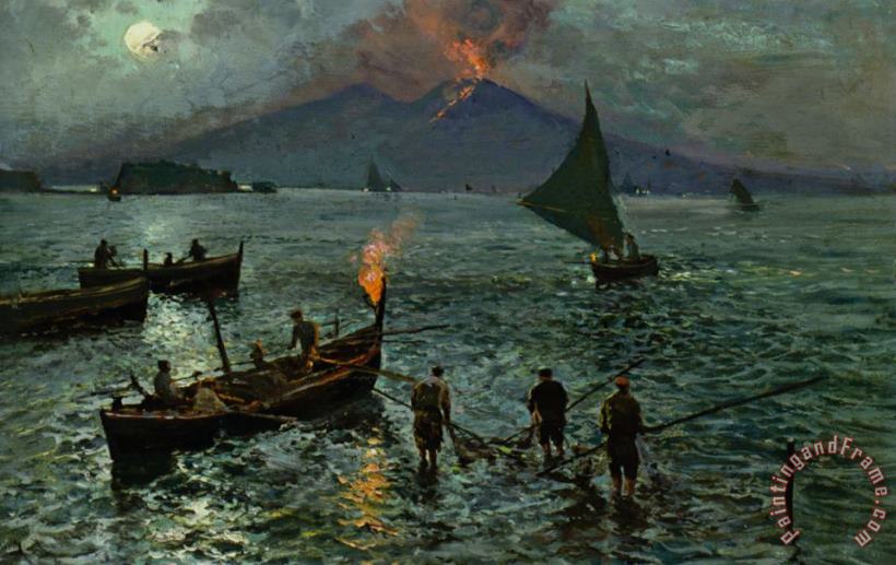 Attilio Pratella Night Fishing in Naples Art Painting