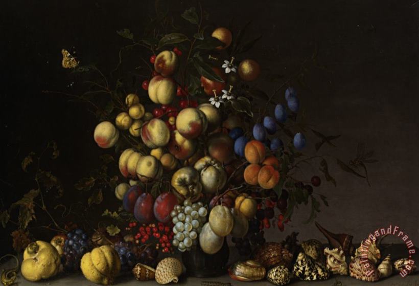 Various Fruit in a Vase with Insects And a Lizard painting - Balthasar Van Der Ast Various Fruit in a Vase with Insects And a Lizard Art Print