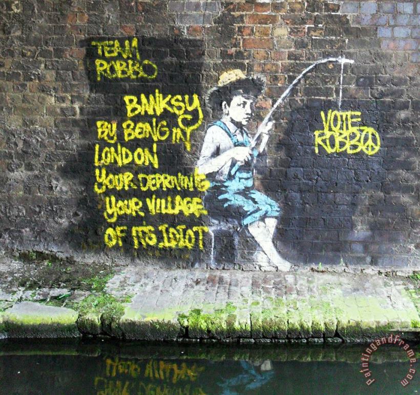Banksy Fisherman Mural Regents Canal, Camden, London 26april2010 painting - Banksy Banksy Fisherman Mural Regents Canal, Camden, London 26april2010 Art Print